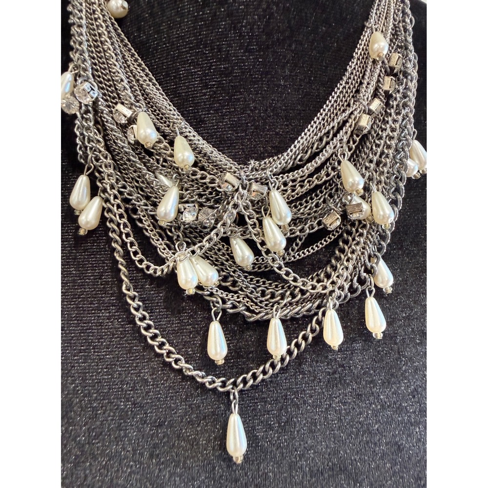 Silver Tone Multi Strand Bib Statement Necklace Faux Pearl Teardrop Rhinestone - Picture 2 of 5